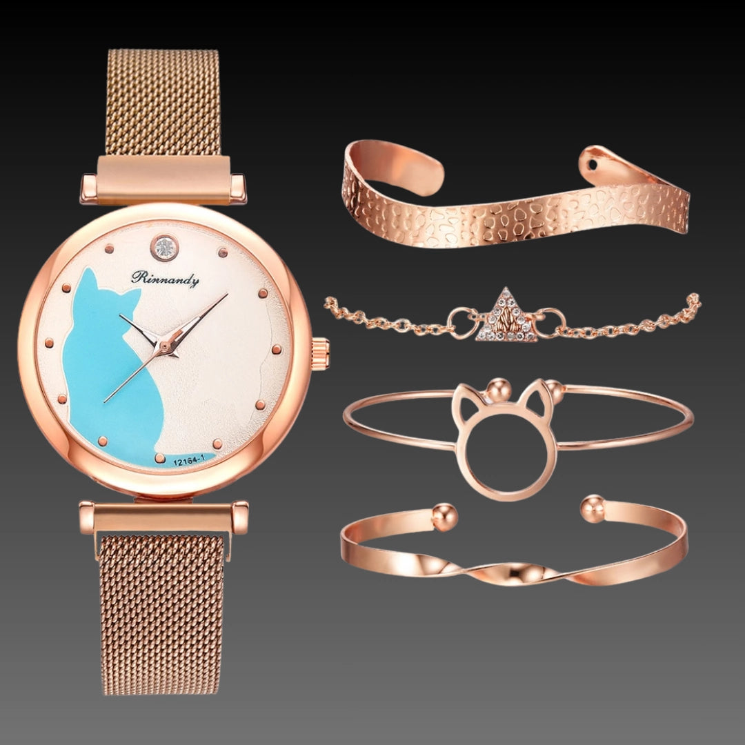 Cute Cat Quartz Watch: 34mm Magnetic Mesh Strap | 10mm Slim | Ladies Gift Set