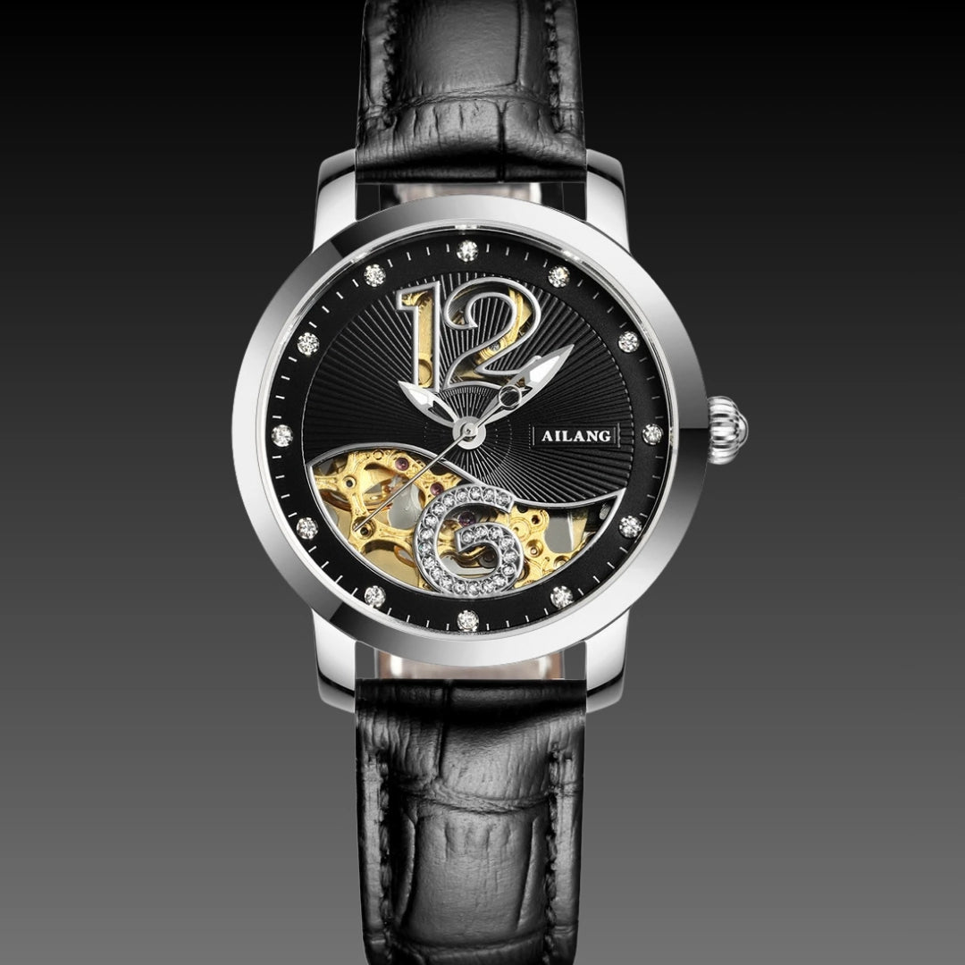 Ladies Luxury Skeleton Watch: Mechanical Movement | Diamond Accents | 10mm Slim Profile