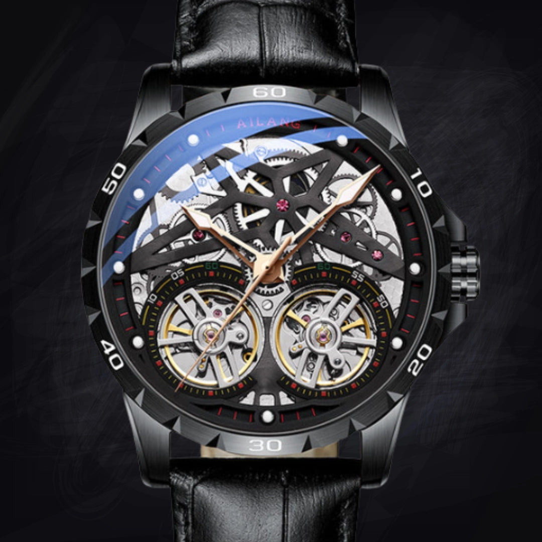 Close-up of a mechanical watch dial with a visible tourbillon-style mechanism