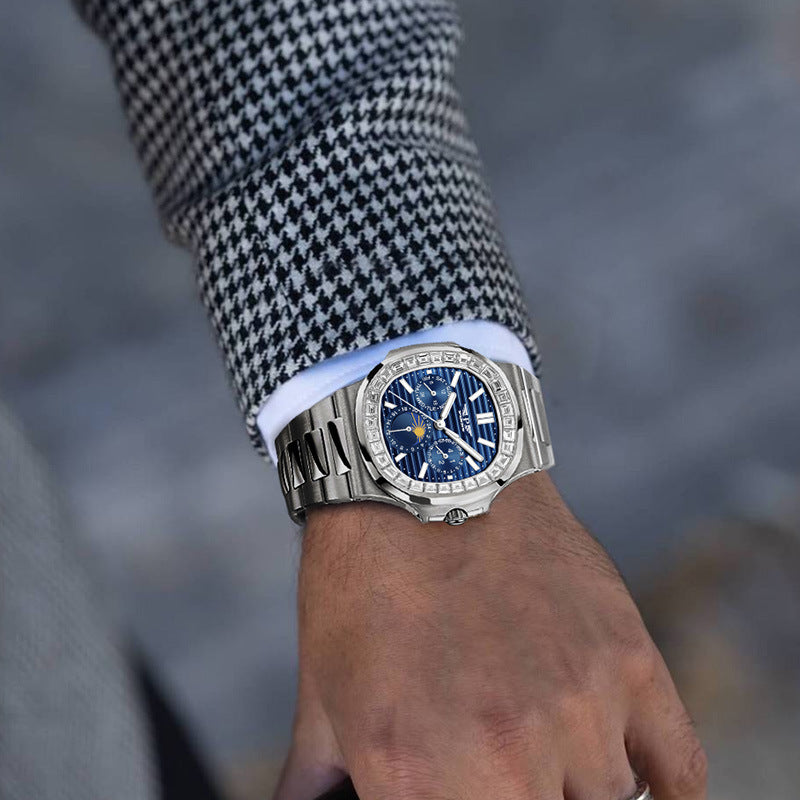 Men's Diamond Blue Face Square Watch – Large 44mm Luxury Chronograph Style Timepiece