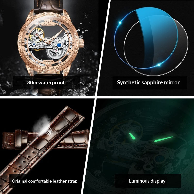 Men's Openwork Mechanical Watch – Skeleton Automatic with Waterproof Leather Strap