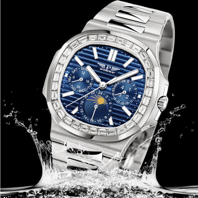 Men's Diamond Blue Face Square Watch – Large 44mm Luxury Chronograph Style Timepiece