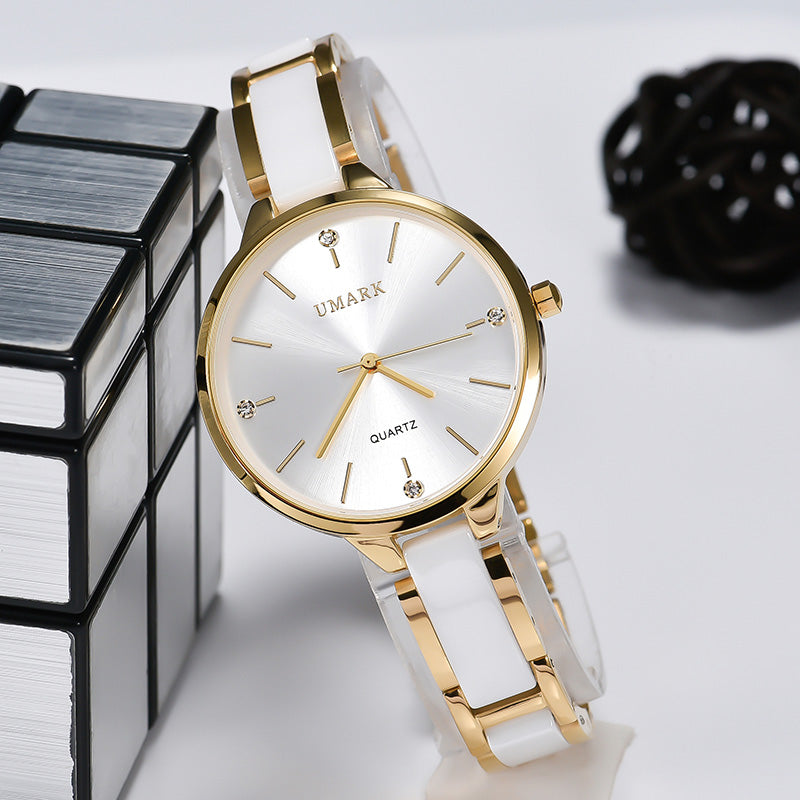 Ladies Ceramic Diamond Quartz Watch – Luxury Waterproof Wristwatch with Scratch-Resistant Strap & Slim 34mm Dial