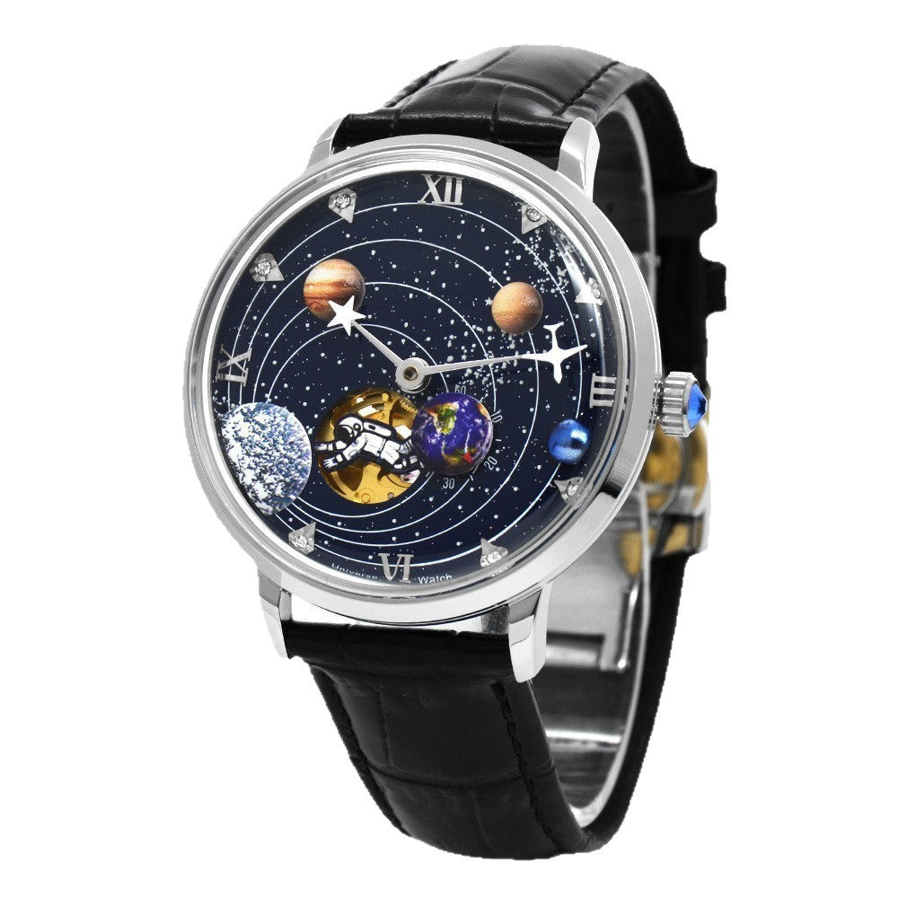 Mens Mechanical Watch With A Hollowed-out Design And Leather Strap