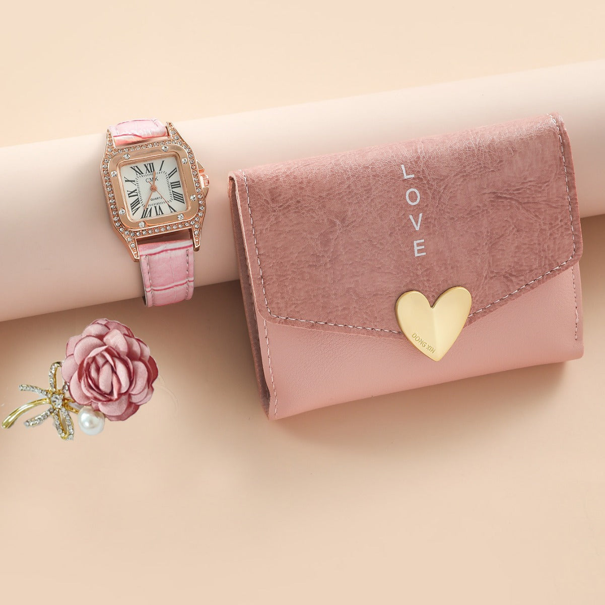 Luxury 4-Piece Gift Set: Ladies Watch, Wallet, Belt & Brooch | 8mm Slim | Pink Box Edition