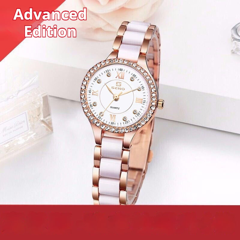 Luxury Ceramic-Style Link Watch: 30mm Elegant Dial | 9mm Slim | Jewelry Clasp