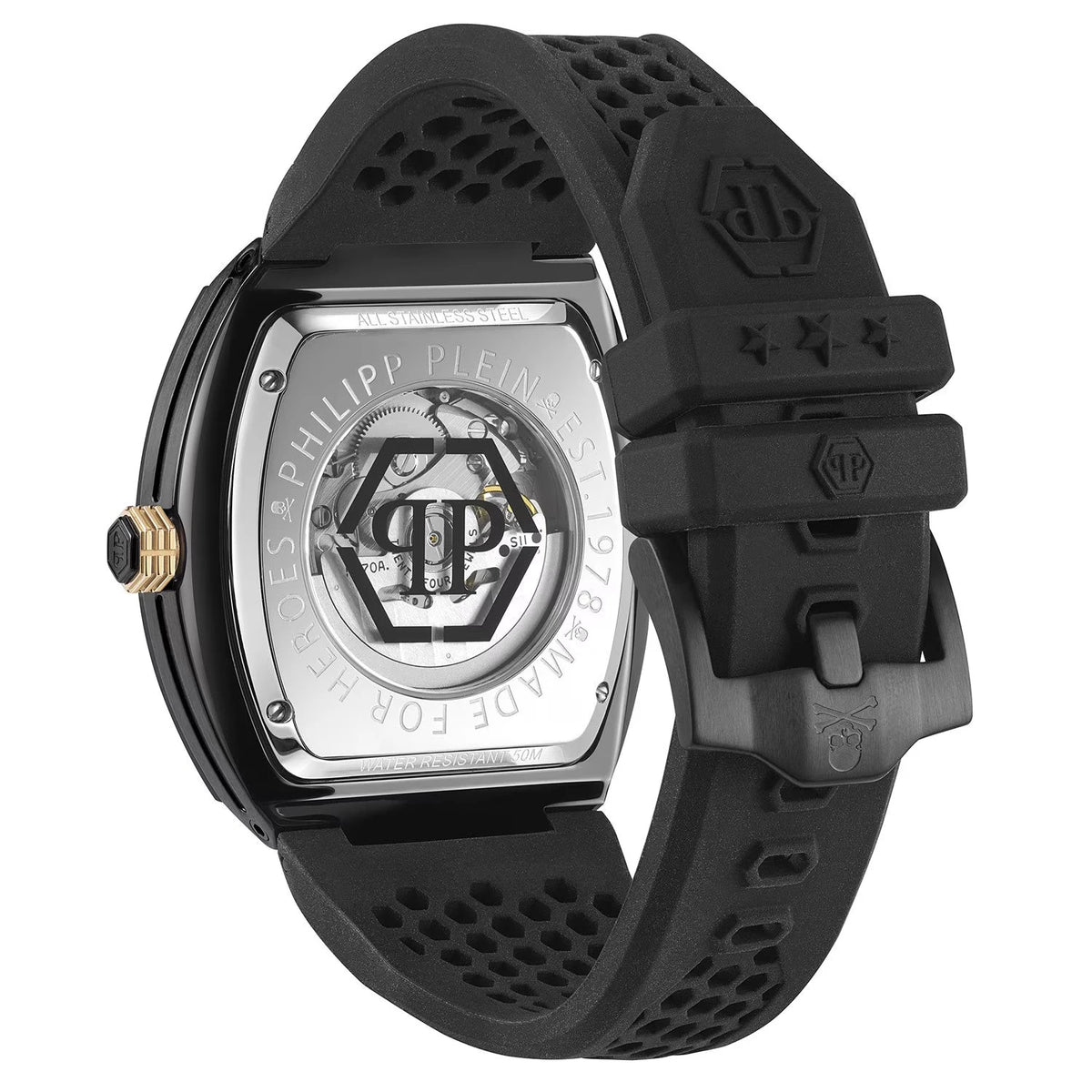 Philipp Plein $keleton Crystal Automatic Black Silicone Watch, 44mm
