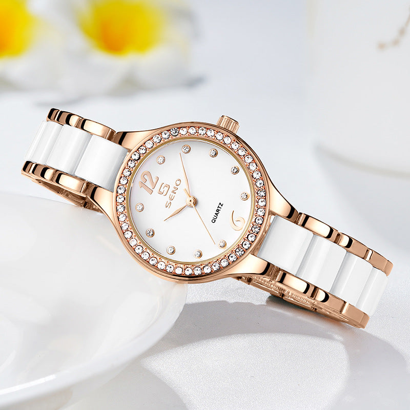 Luxury Ceramic-Style Link Watch: 30mm Elegant Dial | 9mm Slim | Jewelry Clasp