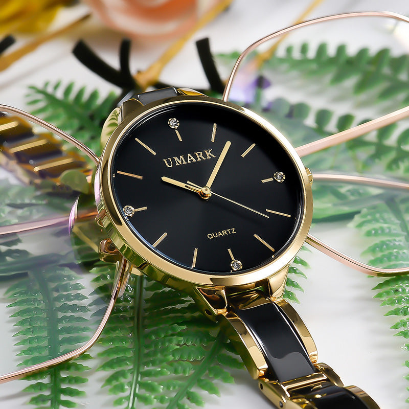 Ladies Ceramic Diamond Quartz Watch – Luxury Waterproof Wristwatch with Scratch-Resistant Strap & Slim 34mm Dial