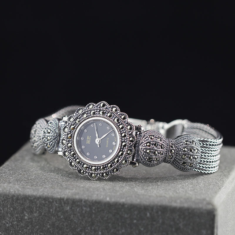 S925 Sterling Silver Ladies Watch – Vintage Thai Silver Bow Bracelet with Japanese Quartz Movement