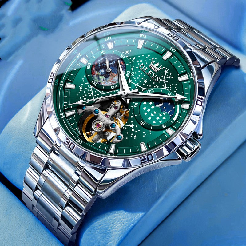 Men's Starry Sky Mechanical Watch – Skeleton Hollow Automatic with Transparent Caseback
