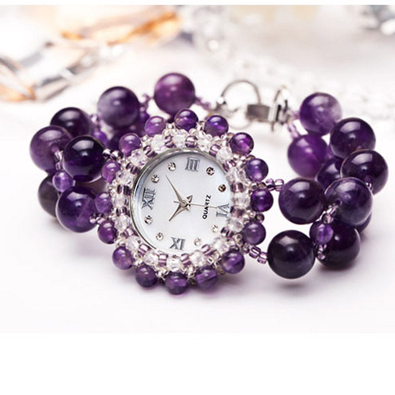 Amethyst Luxury Crystal Bracelet Watch for Women – Elegant Quartz Dress Watch with Gemstone Inlay & Waterproof Stainless Steel Case
