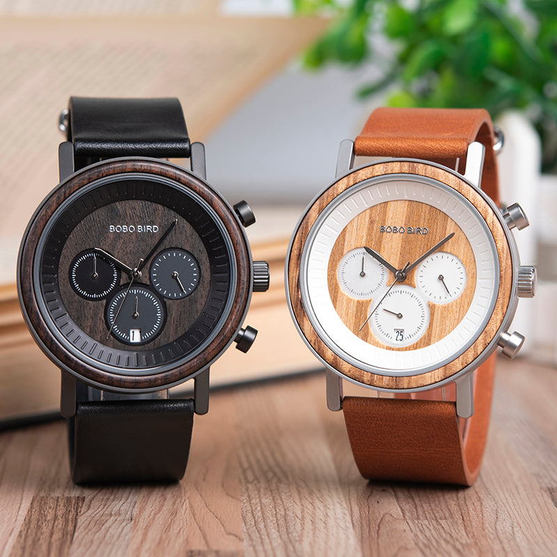 Men's 44.3mm Wood & Steel Chronograph Watch | Miyota Movement