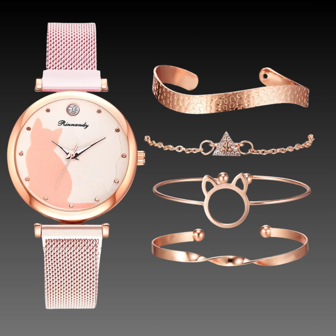 Cute Cat Quartz Watch: 34mm Magnetic Mesh Strap | 10mm Slim | Ladies Gift Set