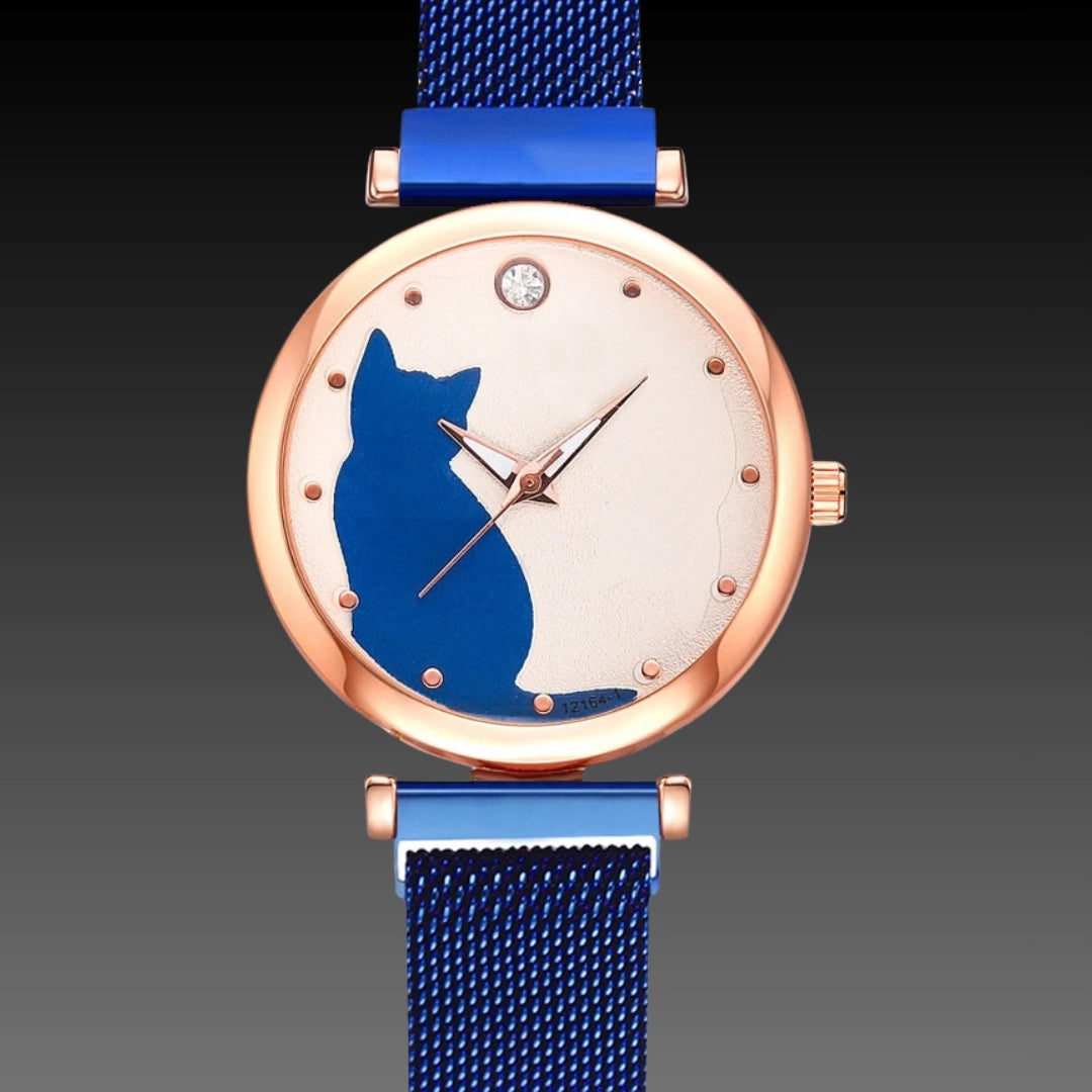 Cute Cat Quartz Watch: 34mm Magnetic Mesh Strap | 10mm Slim | Ladies Gift Set