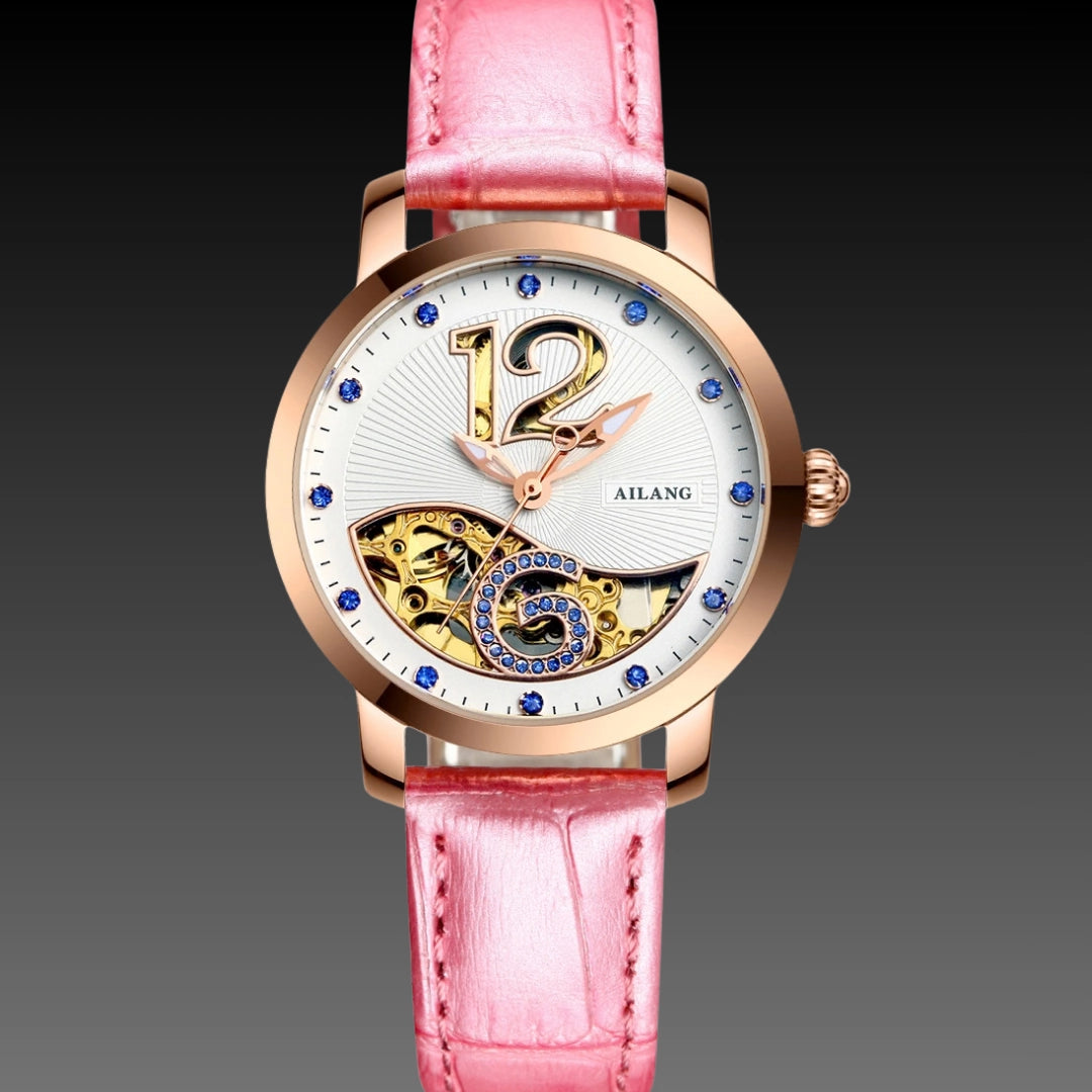 Ladies Luxury Skeleton Watch: Mechanical Movement | Diamond Accents | 10mm Slim Profile
