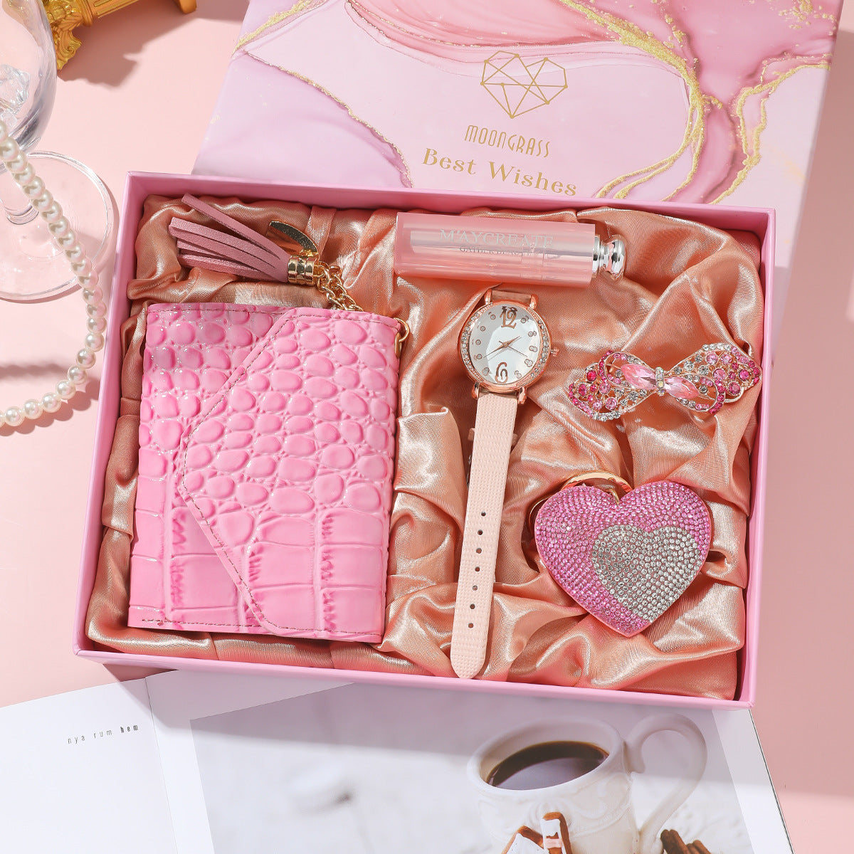 Luxury 5-Piece Gift Box: Watch + Wallet + Mirror + Key Chain + Brooch Set