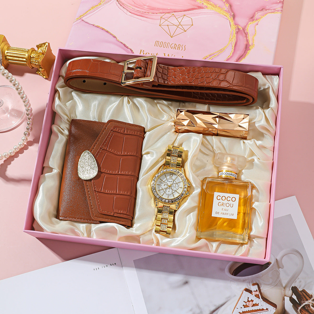 Ultimate 5-Piece Beauty Gift Box: Watch + Perfume + Lipstick + Wallet + Belt