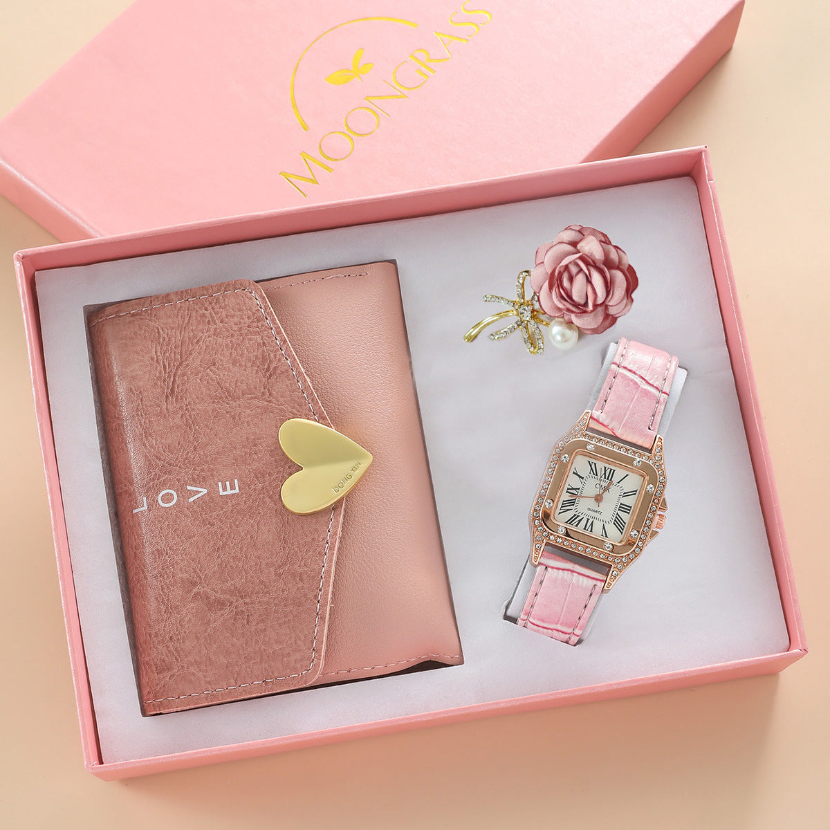 Luxury 4-Piece Gift Set: Ladies Watch, Wallet, Belt & Brooch | 8mm Slim | Pink Box Edition
