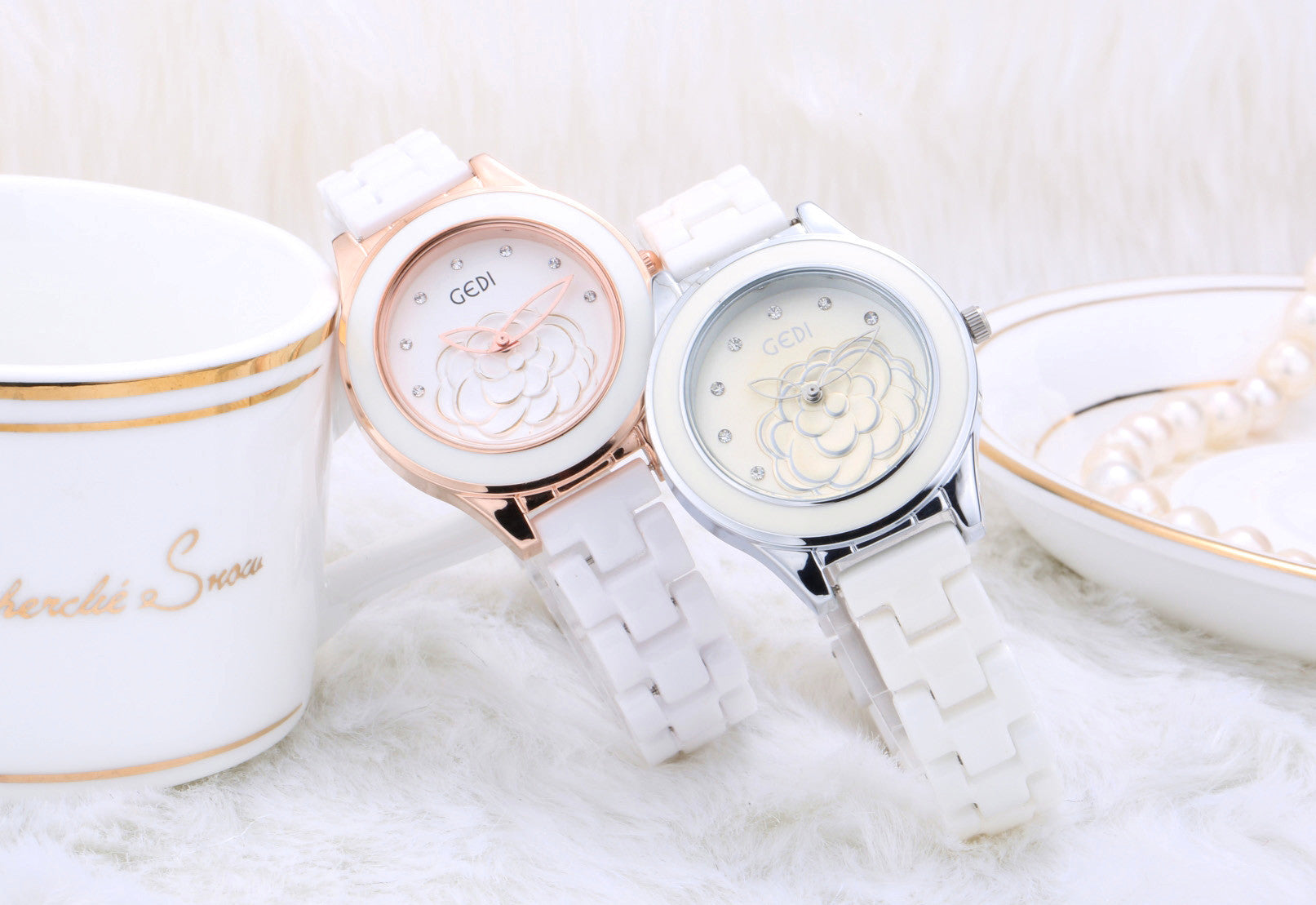 Luxury Ceramic Ladies Watch: 36mm Crystal Bezel | High-Gloss Bracelet | Butterfly Clasp