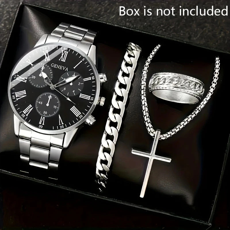 Mens Quartz Watch Necklace  Bracelet And Ring 4-Piece Set