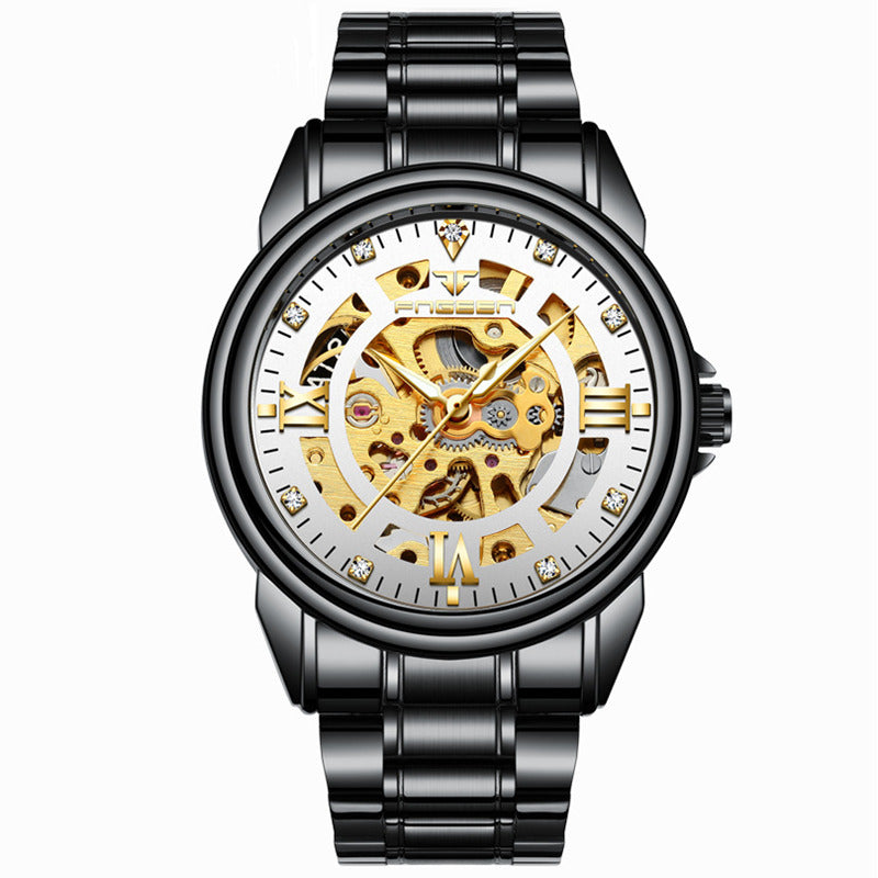 Mechanical watch with black strap and gold内心的机制 on a white background