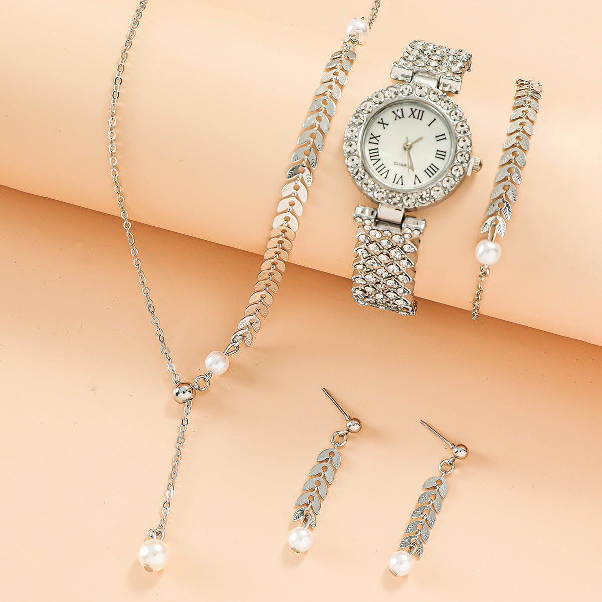 Women's 5-Piece Crystal Gift Set: Watch + Jewelry Box | Full Pave