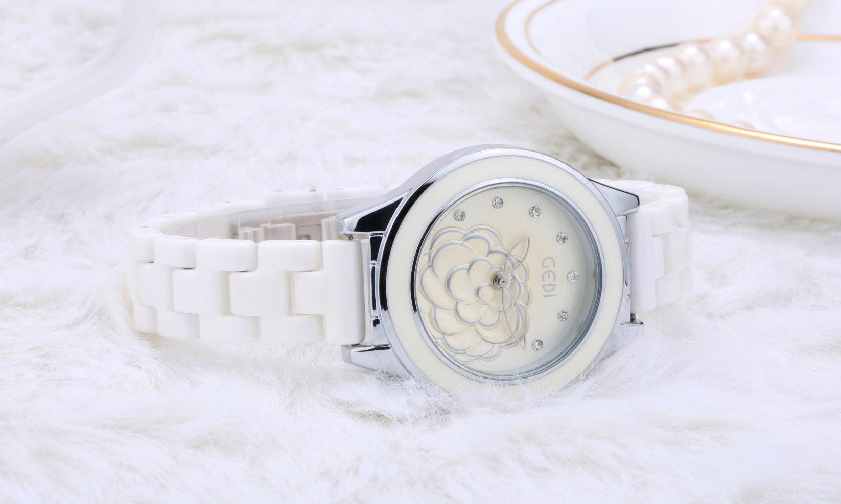 Luxury Ceramic Ladies Watch: 36mm Crystal Bezel | High-Gloss Bracelet | Butterfly Clasp