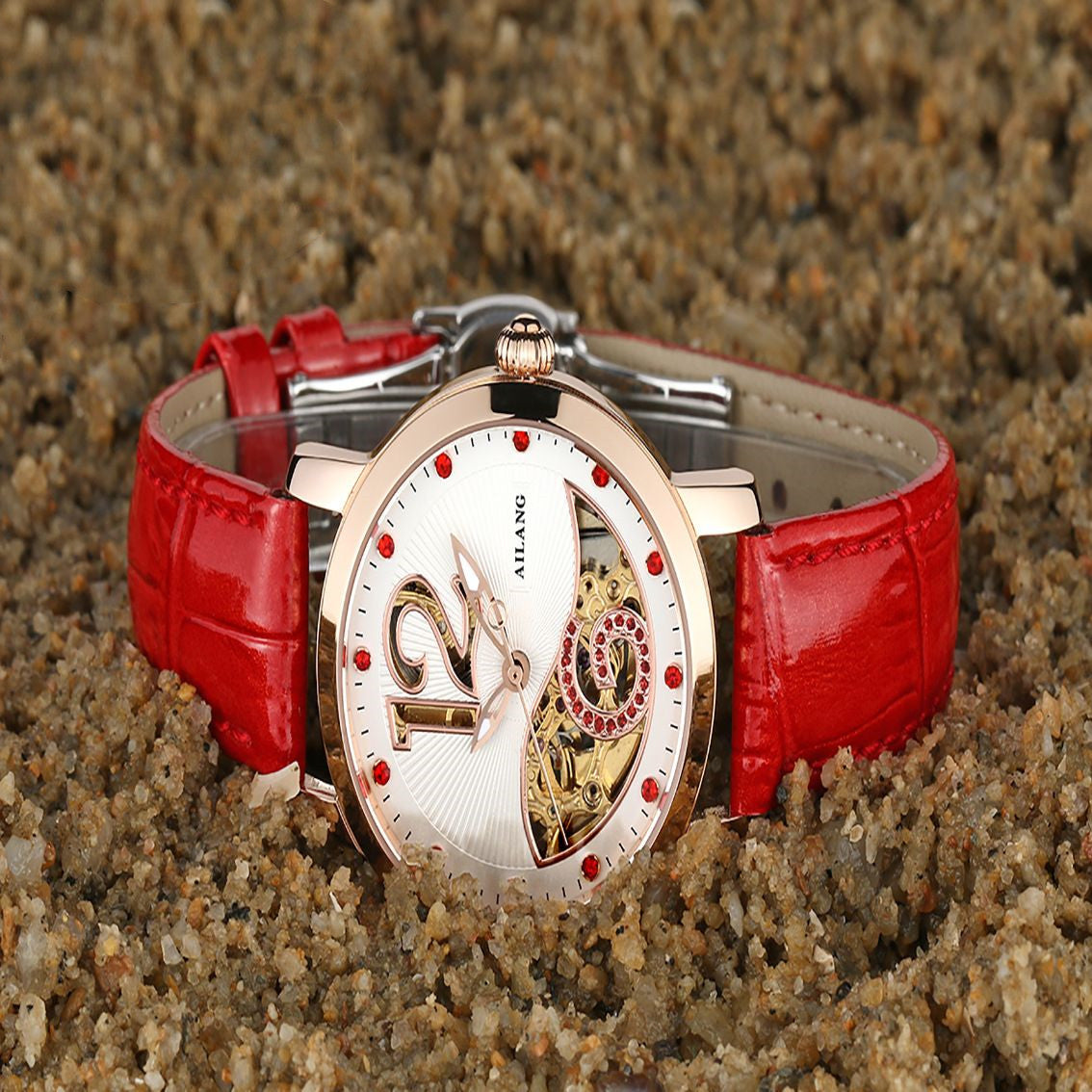 Ladies Luxury Skeleton Watch: Mechanical Movement | Diamond Accents | 10mm Slim Profile