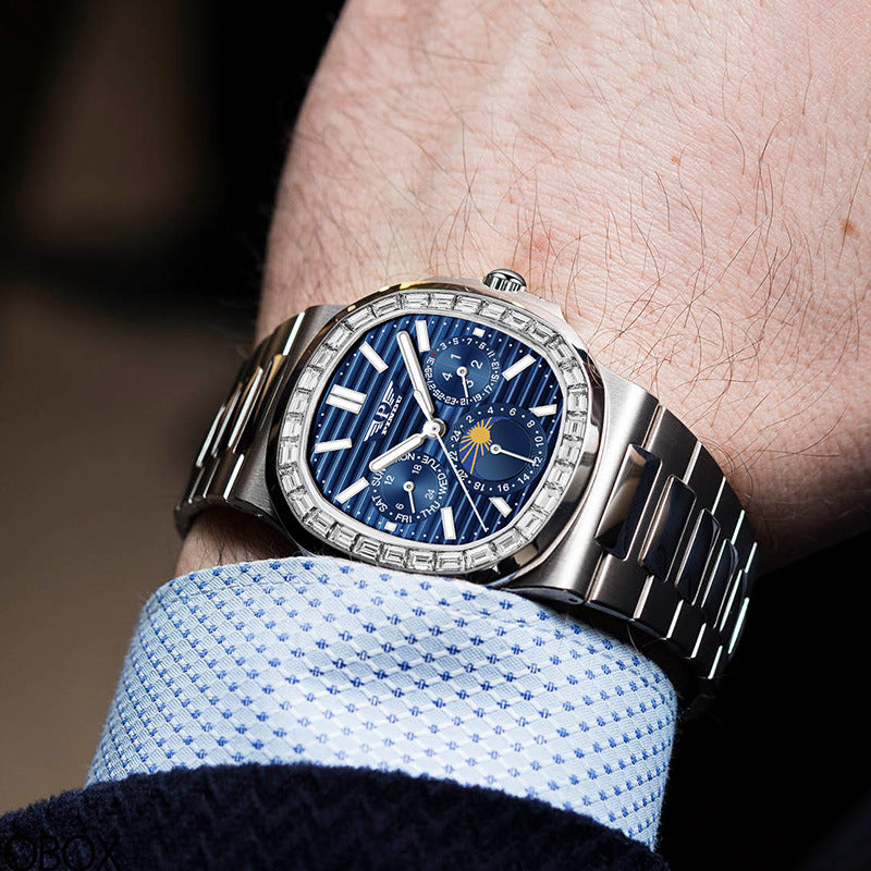 Men's Diamond Blue Face Square Watch – Large 44mm Luxury Chronograph Style Timepiece