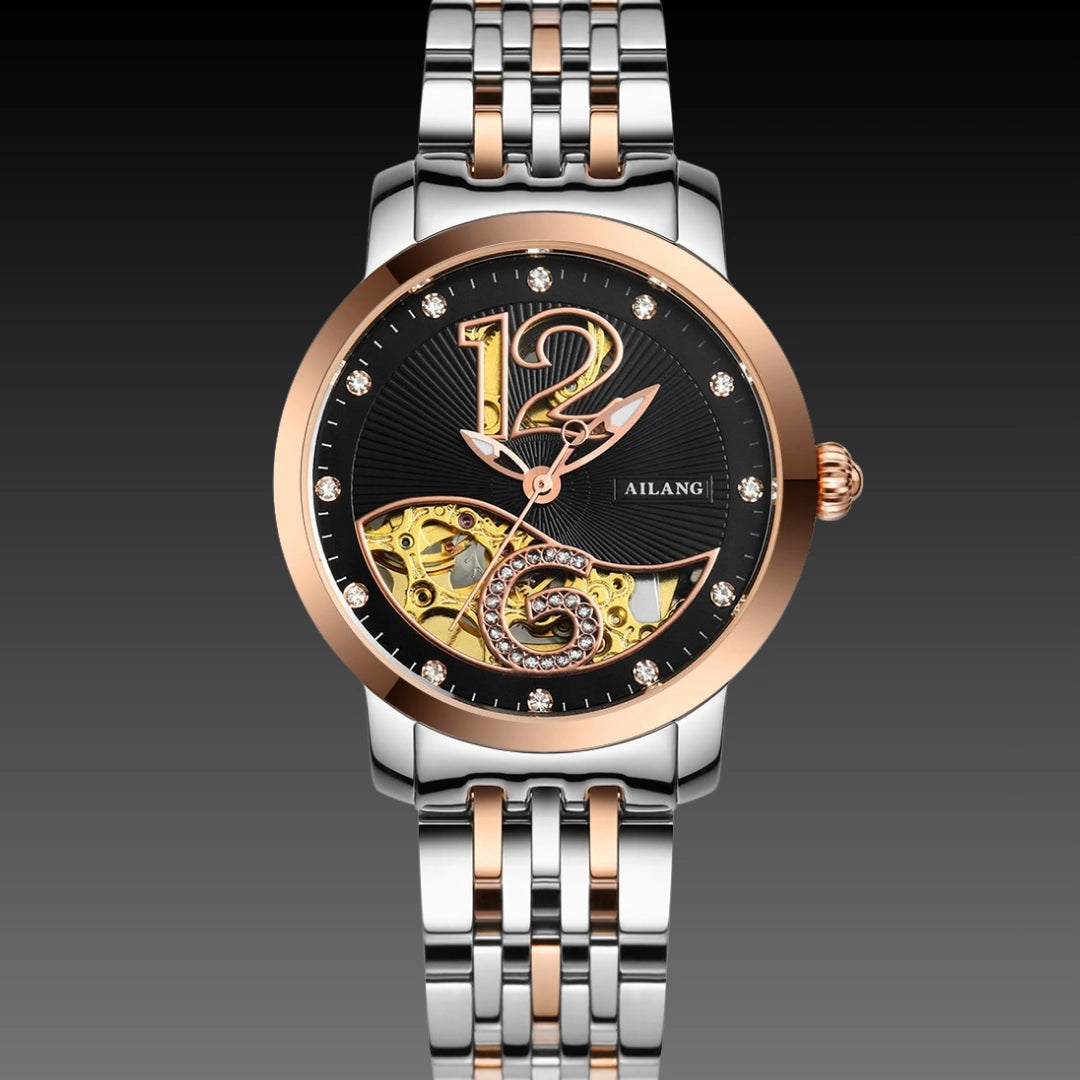 Ladies Luxury Skeleton Watch: Mechanical Movement | Diamond Accents | 10mm Slim Profile