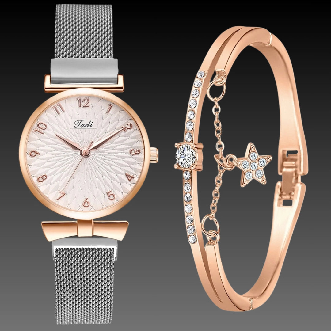 Ladies Bowknot Bracelet Watch Set – Elegant Quartz Timepiece with Matching Rhinestone Jewelry