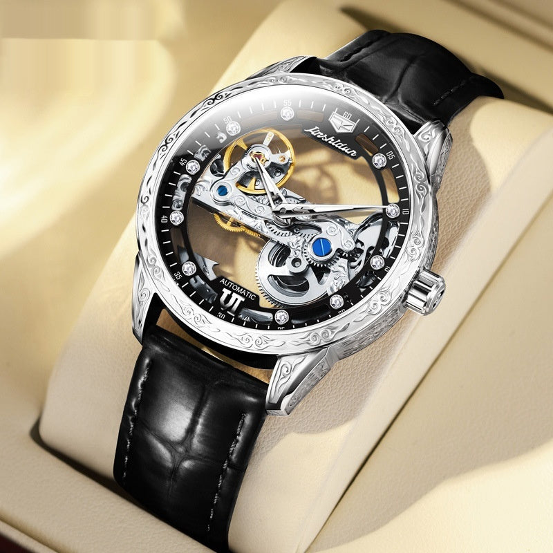 Men's Openwork Mechanical Watch – Skeleton Automatic with Waterproof Leather Strap