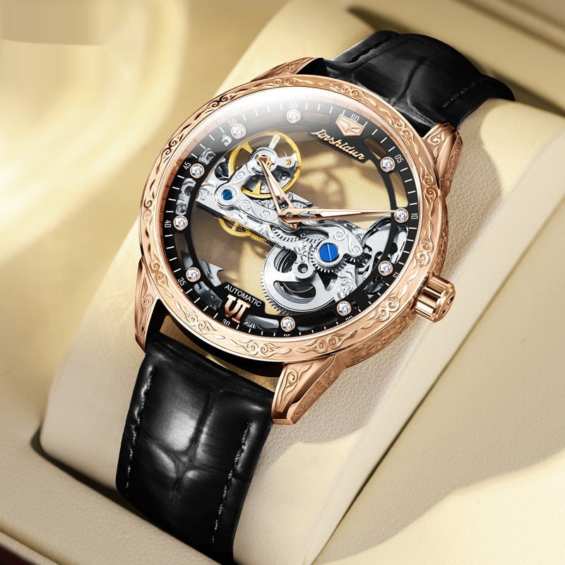 Men's Openwork Mechanical Watch – Skeleton Automatic with Waterproof Leather Strap