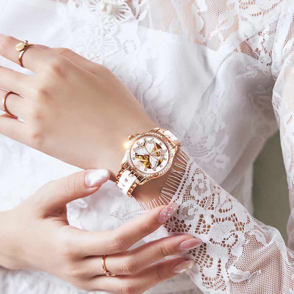 Ladies Automatic Watch Gift Set: 35mm Ceramic Strap | Open-Heart Skeleton | Matching Bracelet