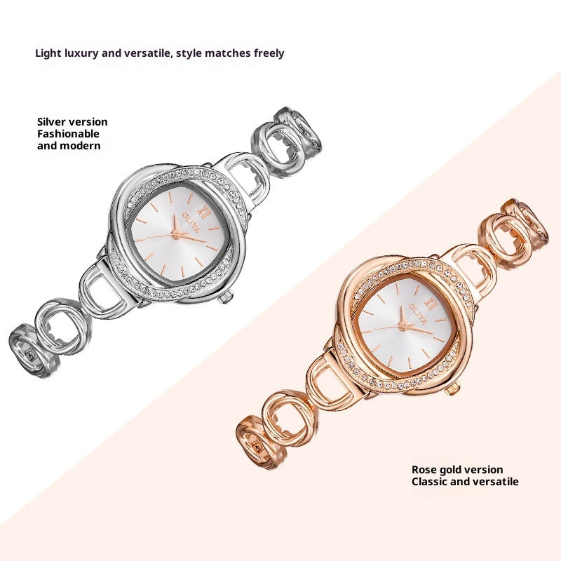 Luxury OLIYA Crystal Watch: Light Luxury Versatile | 9mm Slim Metal | Interlocking Link Bracelet