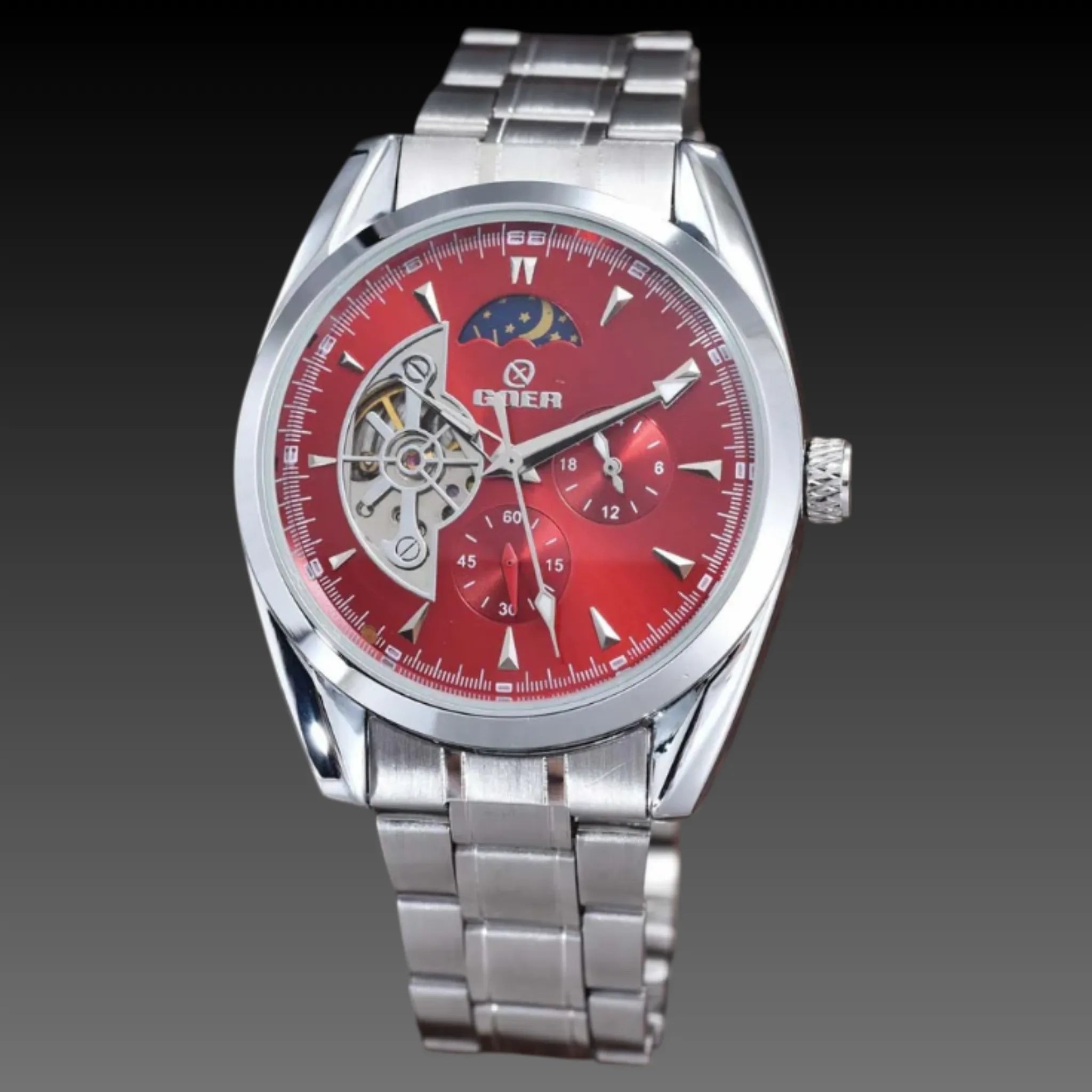 Men's Moon Phase Automatic Watch | Open Heart Mechanical Dial | Stainless Steel Day/Night Timepiece