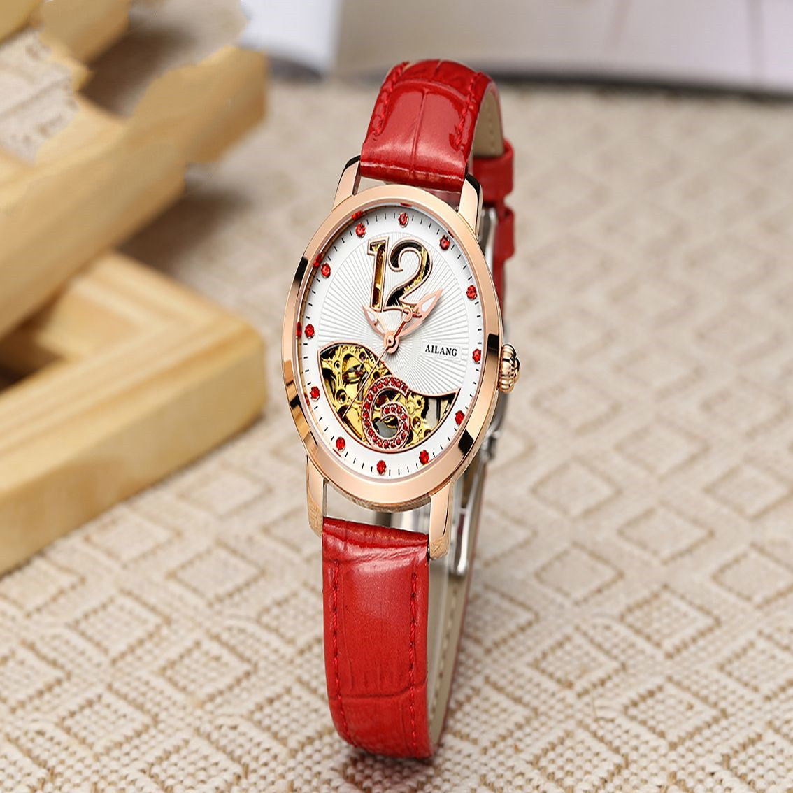 Ladies Luxury Skeleton Watch: Mechanical Movement | Diamond Accents | 10mm Slim Profile