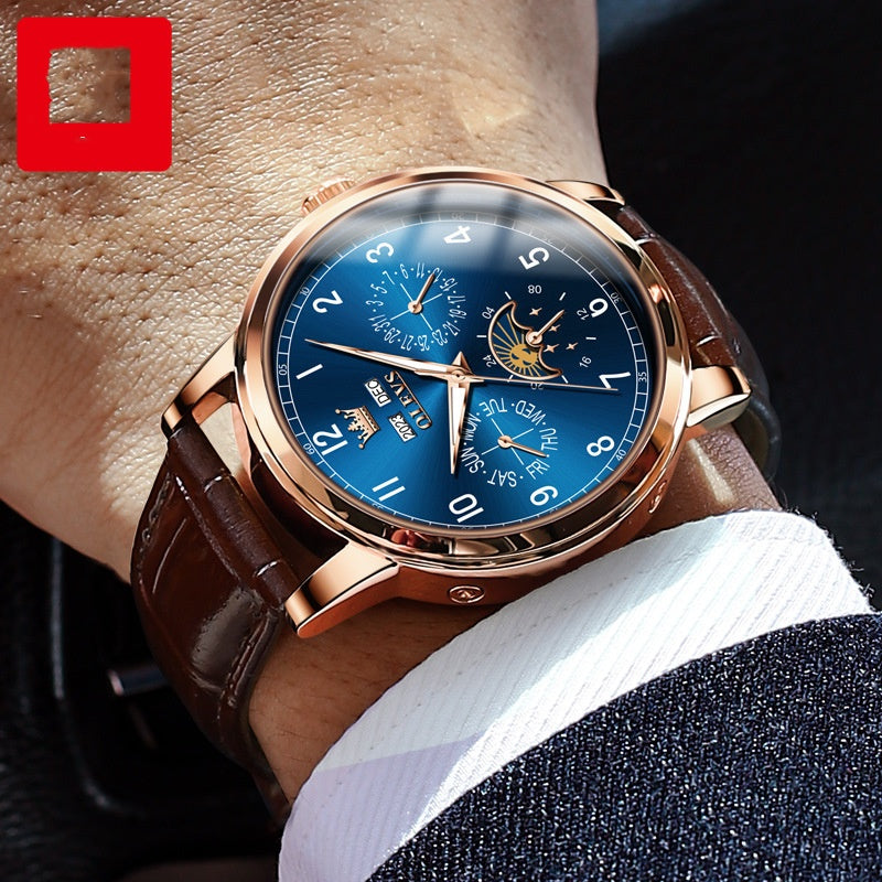 Men's Multifunction Automatic Watch – Open Heart Flywheel with Week & Calendar Display (Leather Strap)