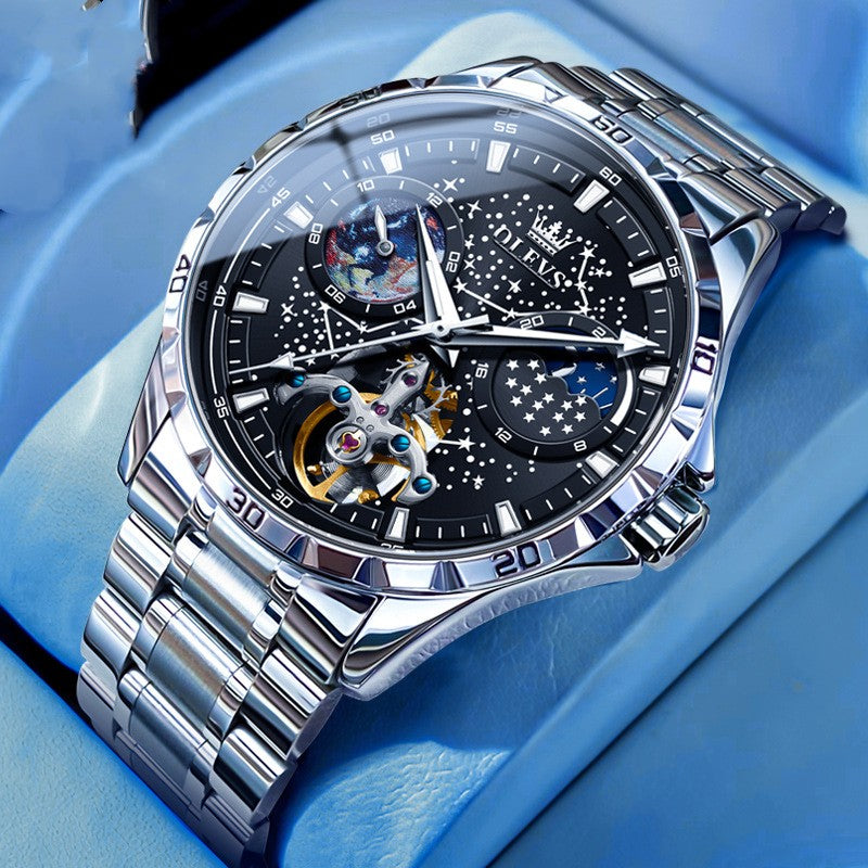 Men's Starry Sky Mechanical Watch – Skeleton Hollow Automatic with Transparent Caseback