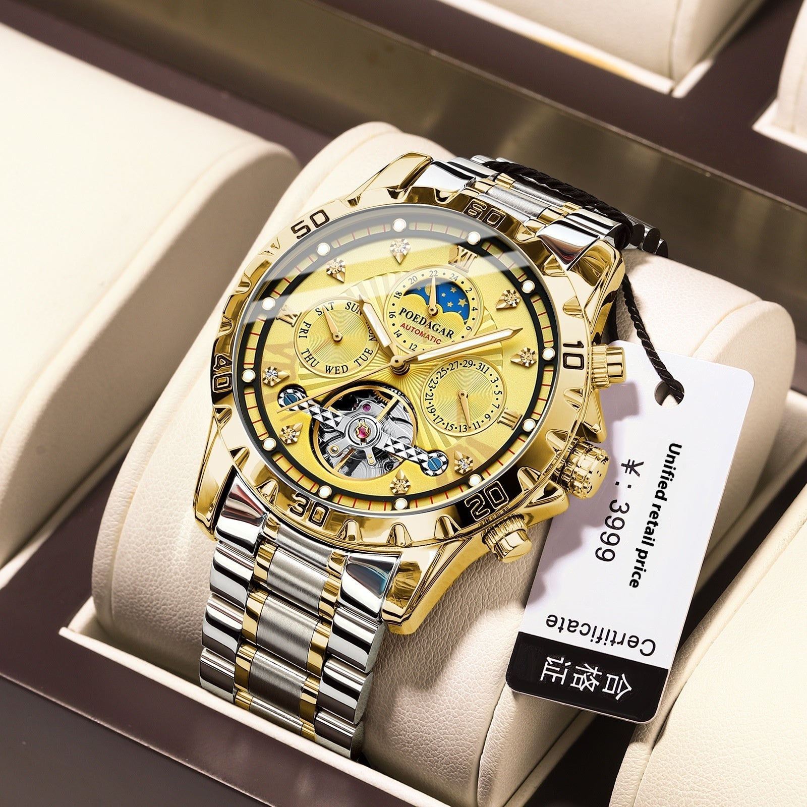 Men's Gold Skeleton Automatic Watch | Open Heart & Day-Date Complications