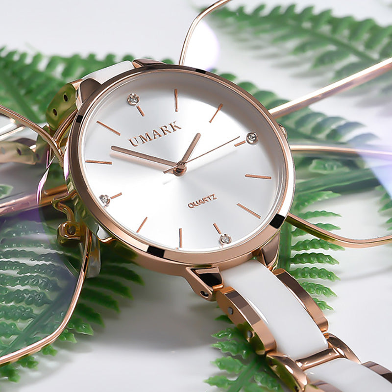 Ladies Ceramic Diamond Quartz Watch – Luxury Waterproof Wristwatch with Scratch-Resistant Strap & Slim 34mm Dial