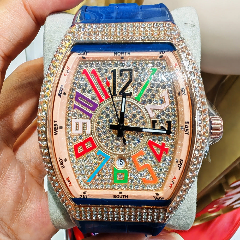 Barrel-shaped Minimalist Wristwatch Leather Strap Diamond Accents Quartz Watch