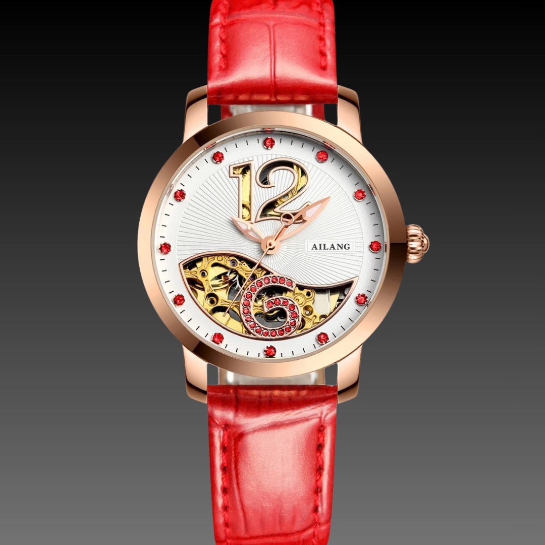 Ladies Luxury Skeleton Watch: Mechanical Movement | Diamond Accents | 10mm Slim Profile