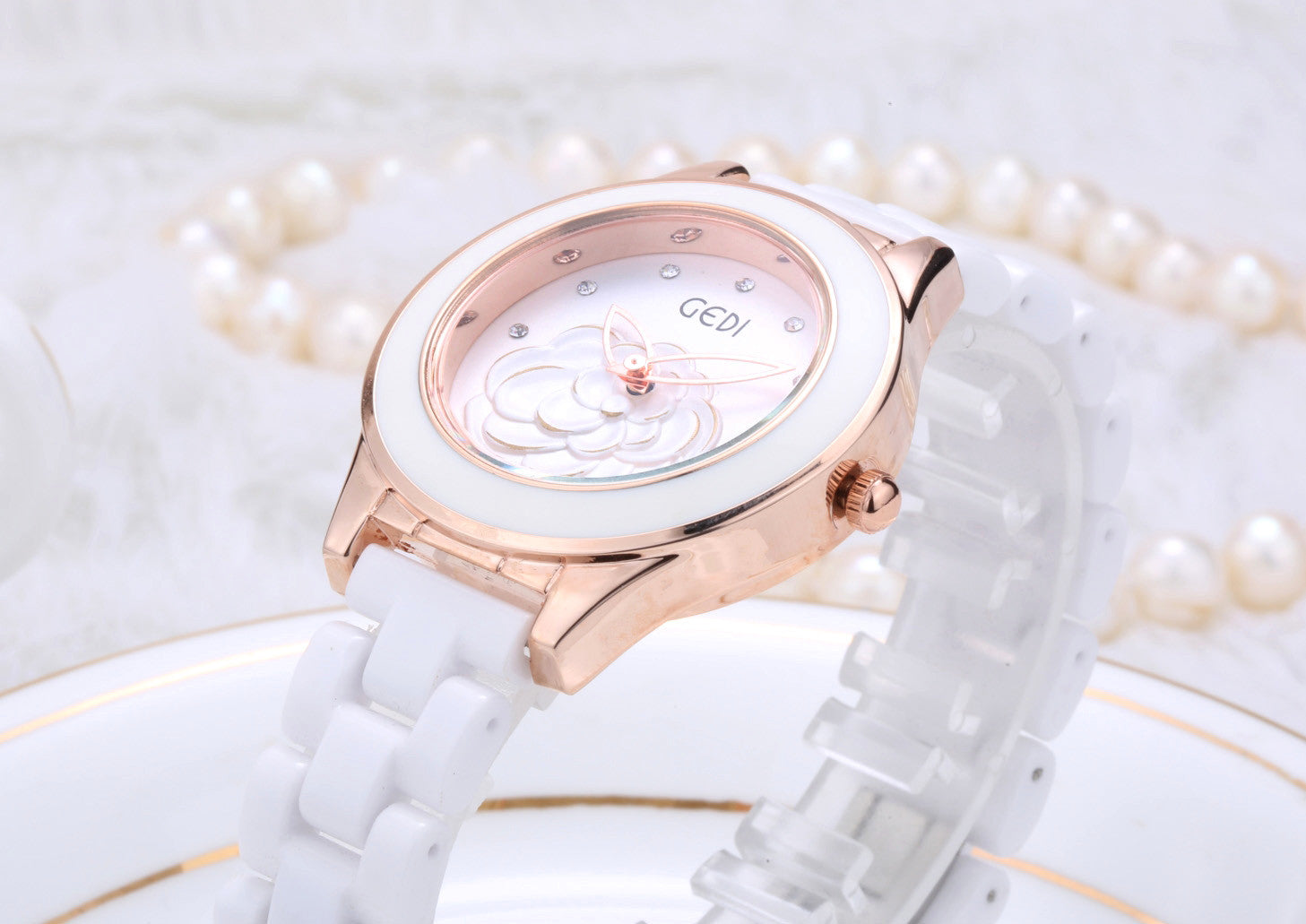 Luxury Ceramic Ladies Watch: 36mm Crystal Bezel | High-Gloss Bracelet | Butterfly Clasp