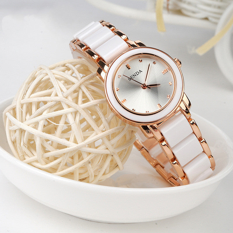 Slim Ceramic-Look Bracelet Watch: 26mm Petite Dial | Glossy Articulated Links | Jewelry Clasp