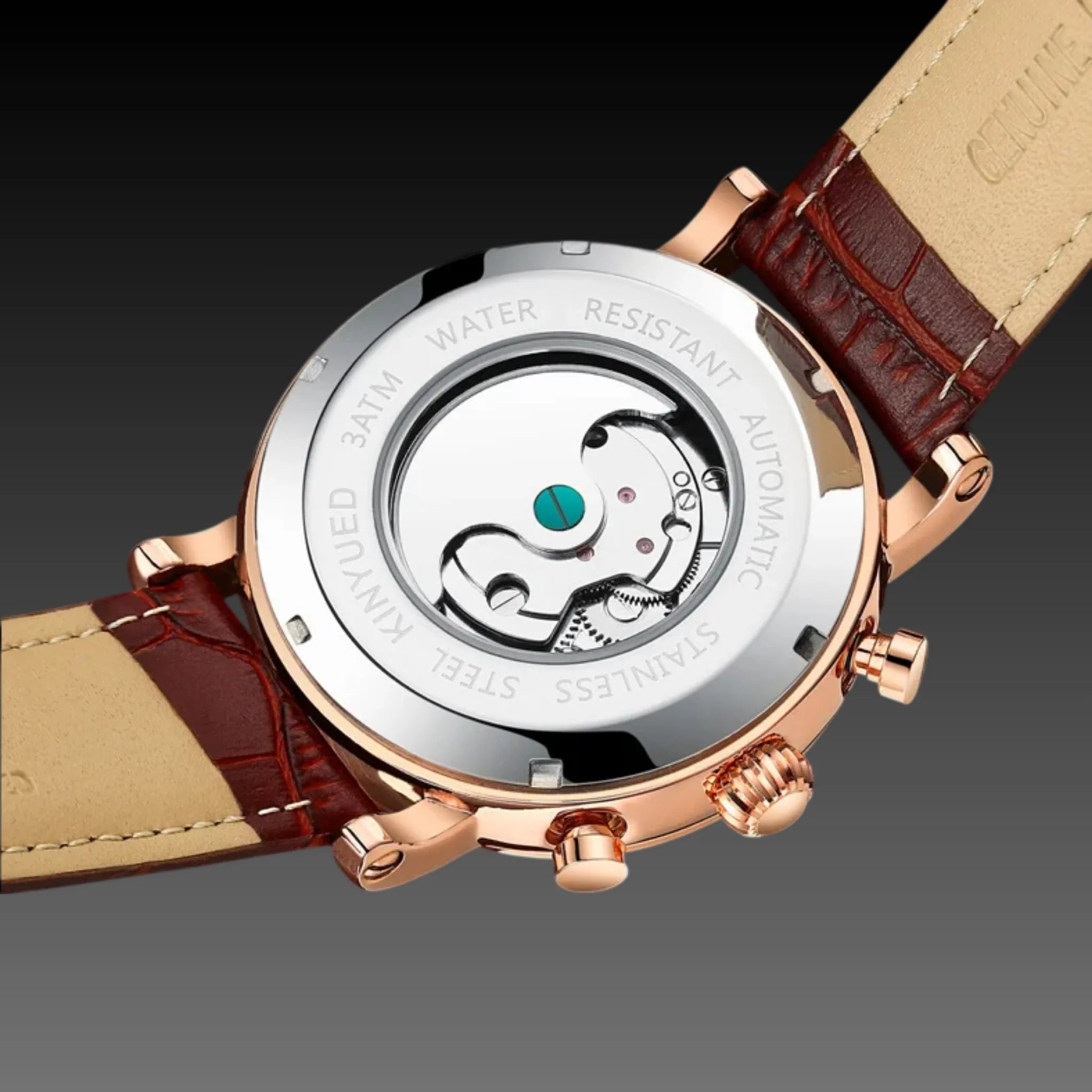 Kinyued Luxury Skeleton Automatic Watch | Celestial Day/Night Display | 42mm Leather
