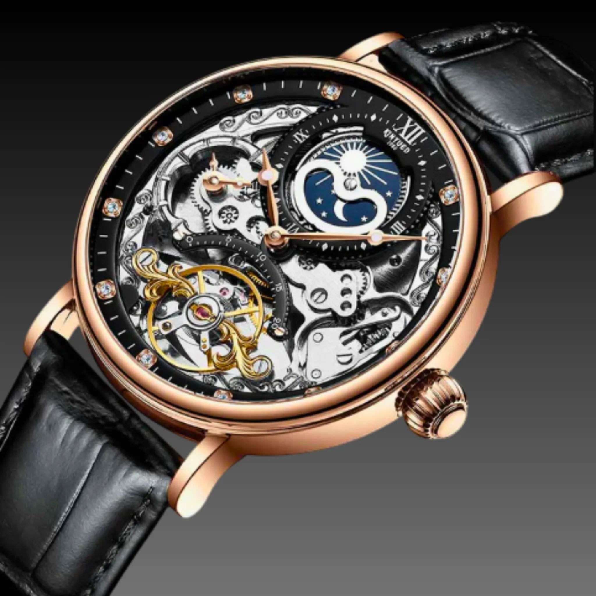 Kinyued Luxury Skeleton Automatic Watch | Celestial Day/Night Display | 42mm Leather