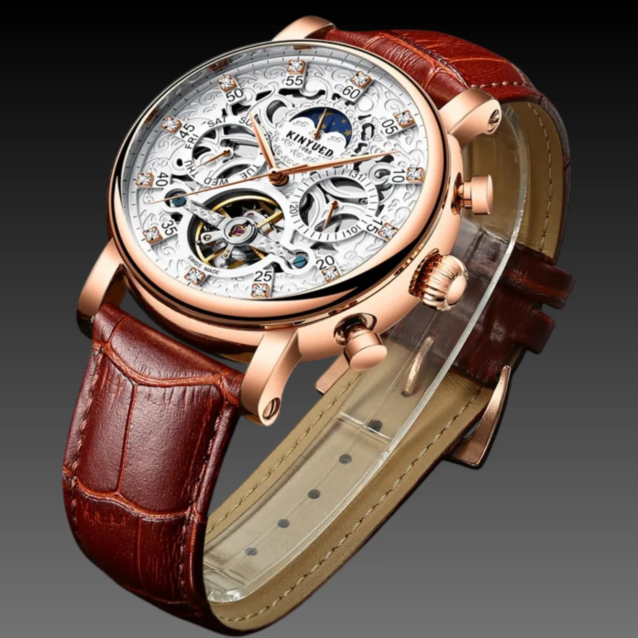 Kinyued Luxury Skeleton Automatic Watch | Celestial Day/Night Display | 42mm Leather