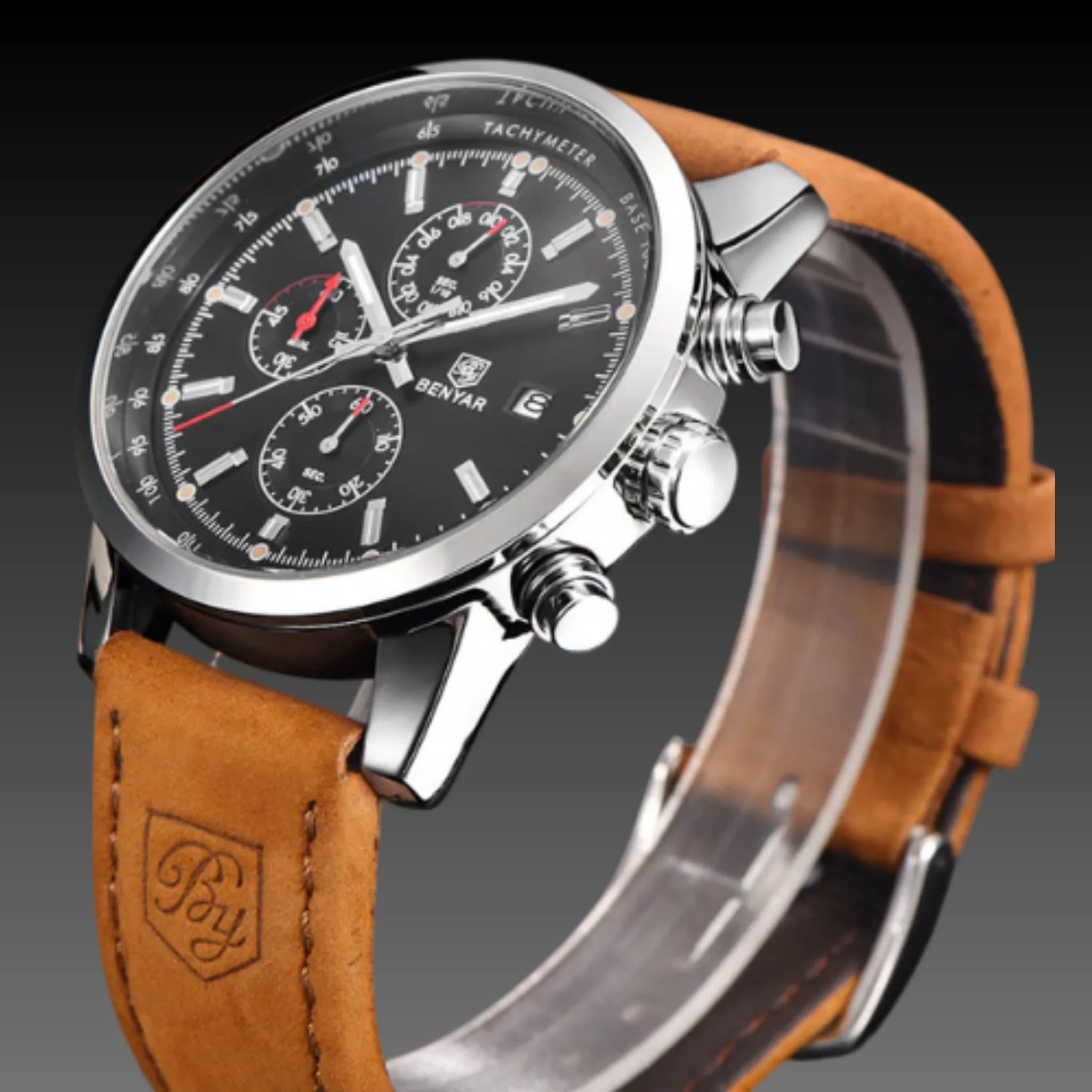 Benyar 43mm Luxury Chronograph: Genuine Leather | Quartz | Auto Date